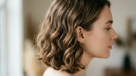 Woman with shoulder-length lob hairstyle showing loose waves and natural texture