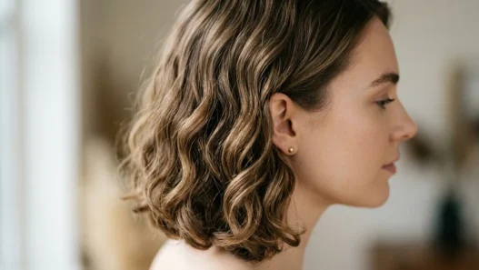 Woman with shoulder-length lob hairstyle showing loose waves and natural texture
