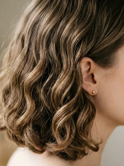 Woman with shoulder-length lob hairstyle showing loose waves and natural texture