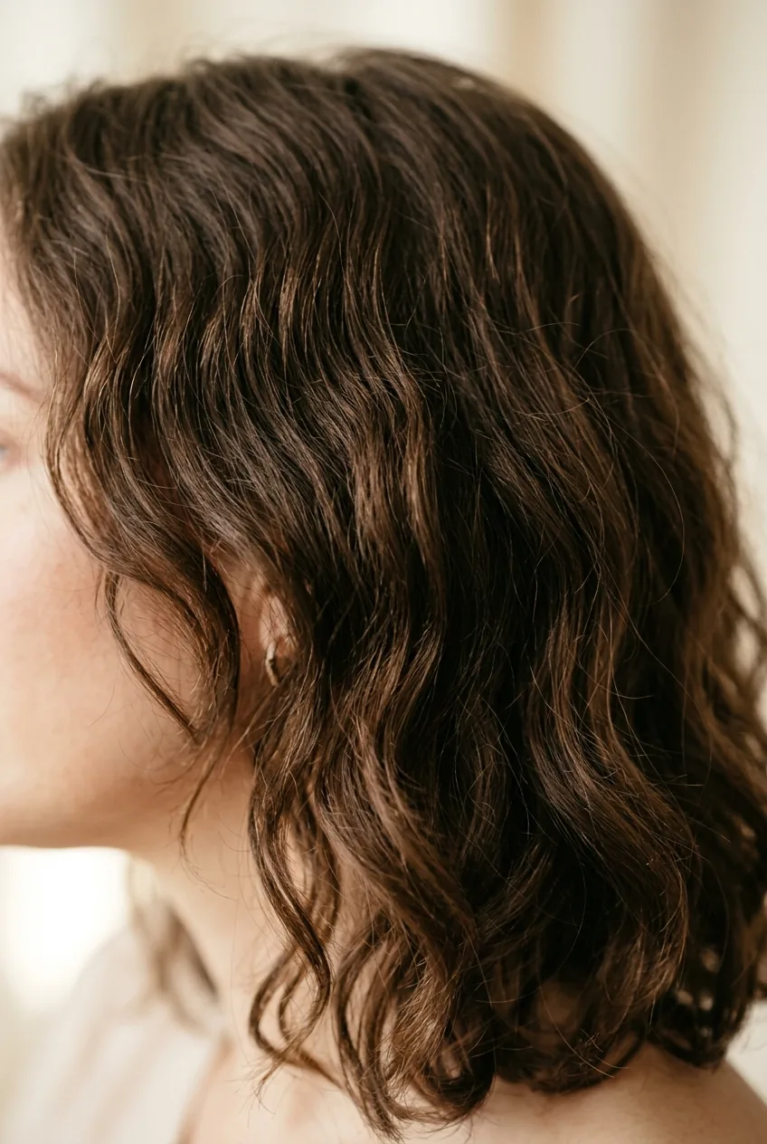 Shoulder-length hair with natural waves and slight frizz showing authentic texture