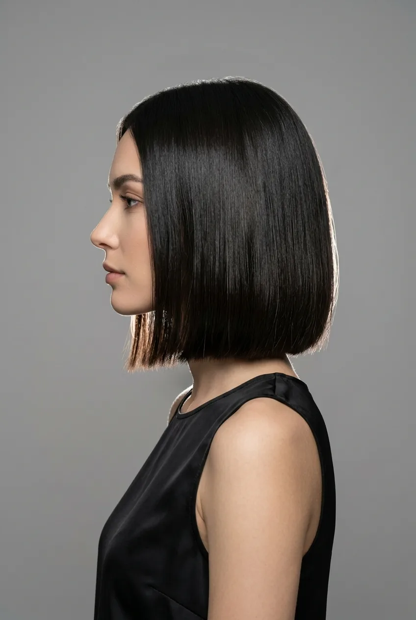 Woman with shoulder-length hair featuring subtle layers shown in elegant side profile lighting