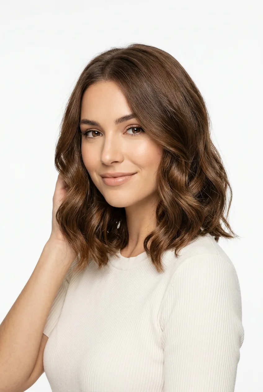 Woman with shoulder-length haircut styled with subtle waves and polished finish