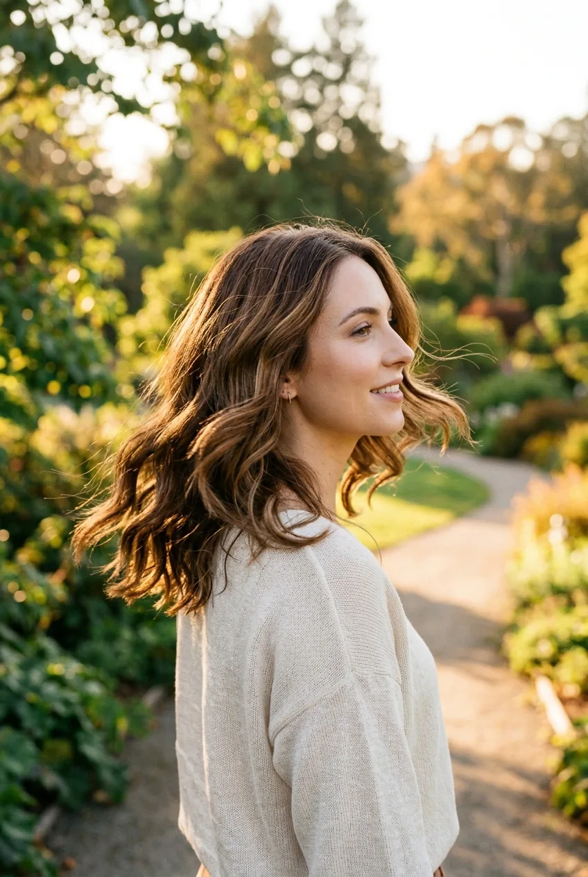 Side view of woman with shoulder-length wavy hair in natural sunlight with loose waves