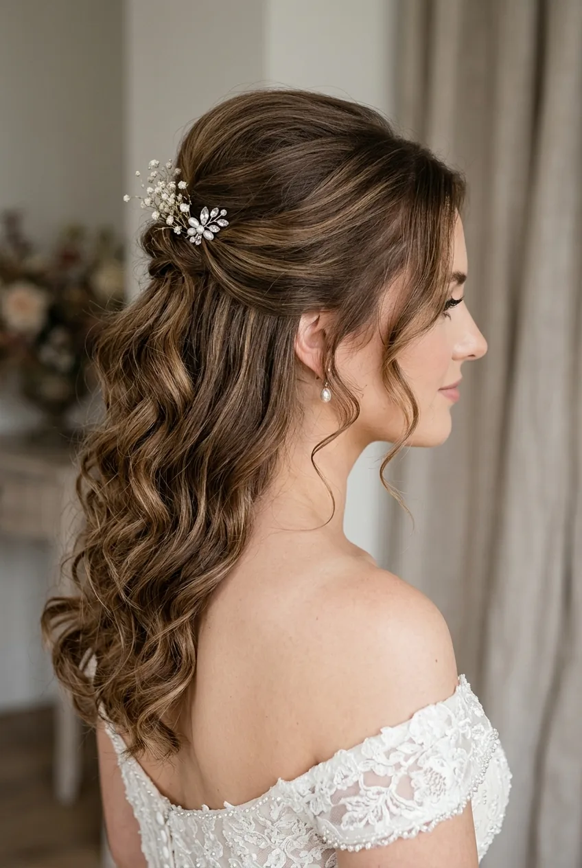 Side view of completed bridal half up half down style showing volume and wave balance