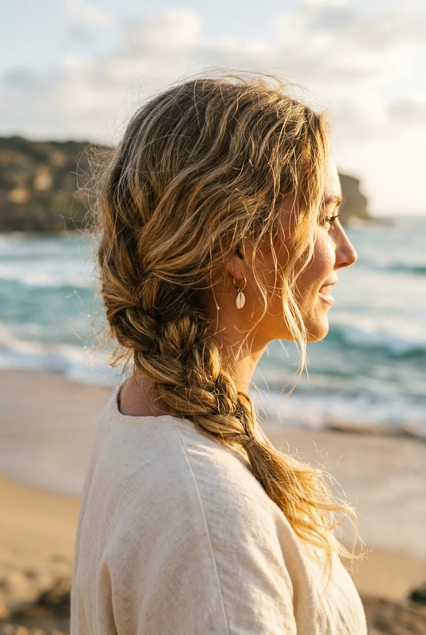 Side view of undone braided hairstyle with textured pieces at coastal wedding