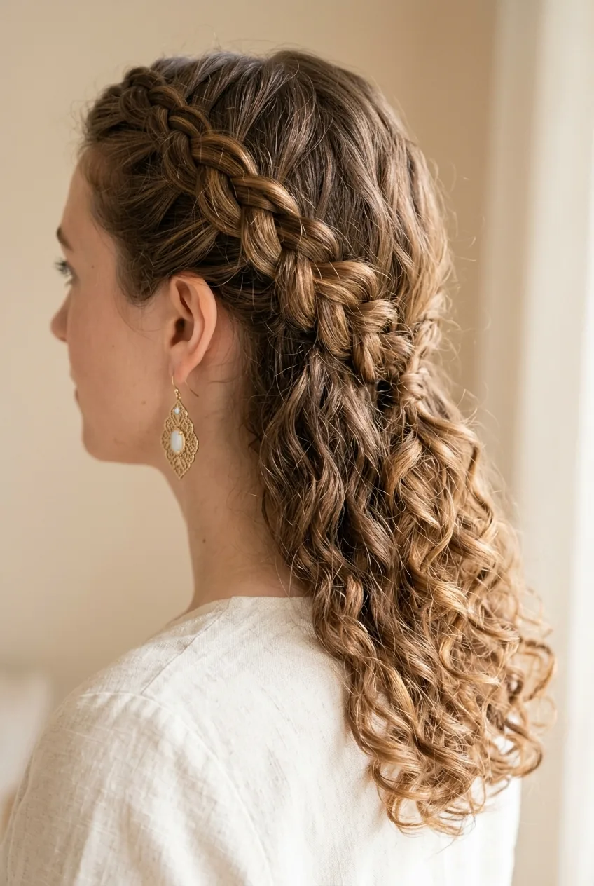 Romantic side braid starting at temple and blending into loose natural curls