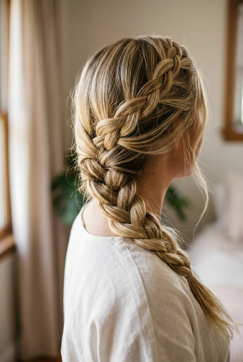 Side braid draped elegantly over shoulder showing asymmetrical placement and blonde highlights