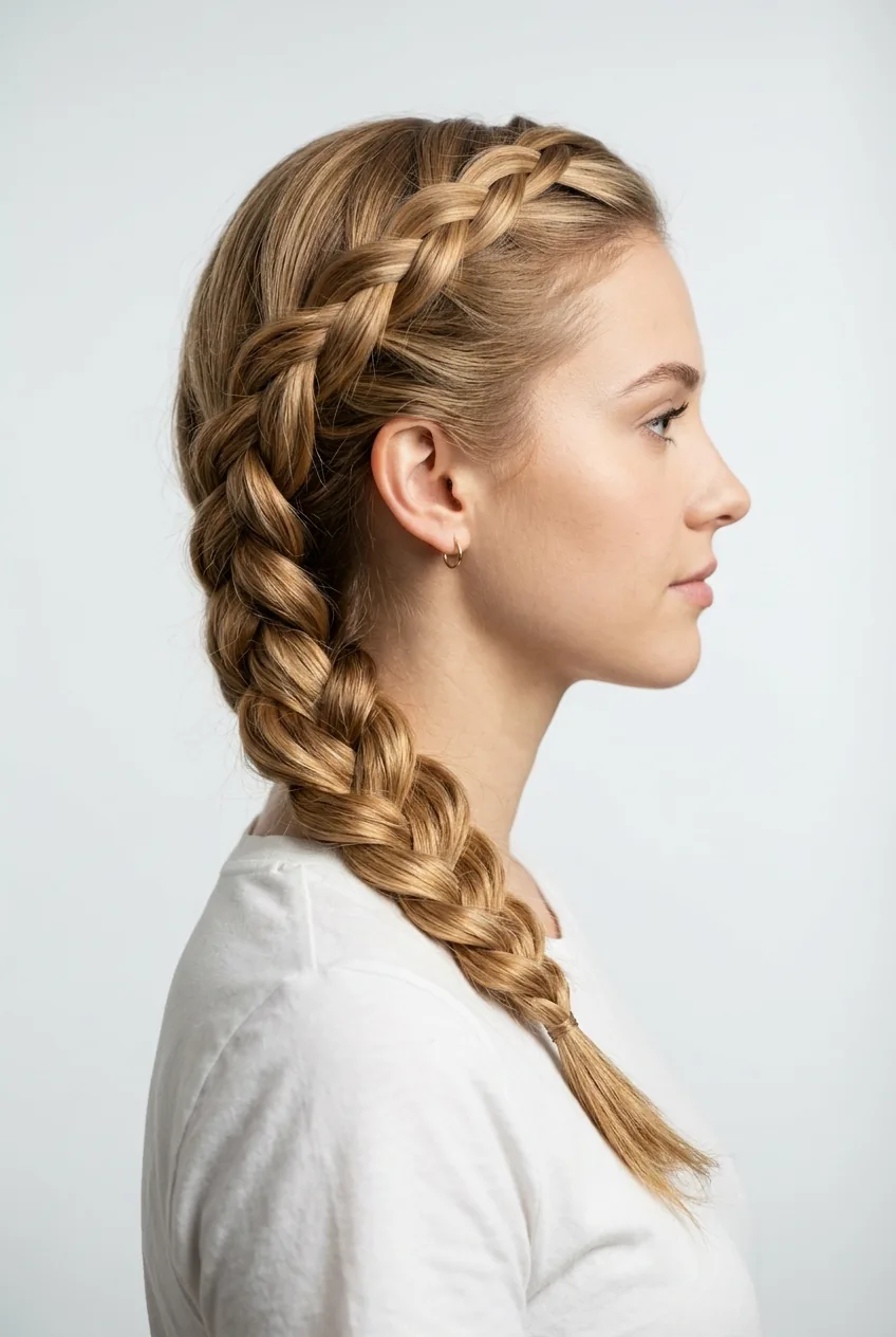 Side profile of woman with honey blonde hair in elegant side braid sweep over one shoulder