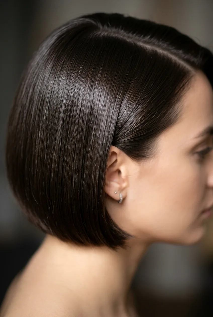 Sleek short hair with subtle side part showing mirror-like shine and straight texture