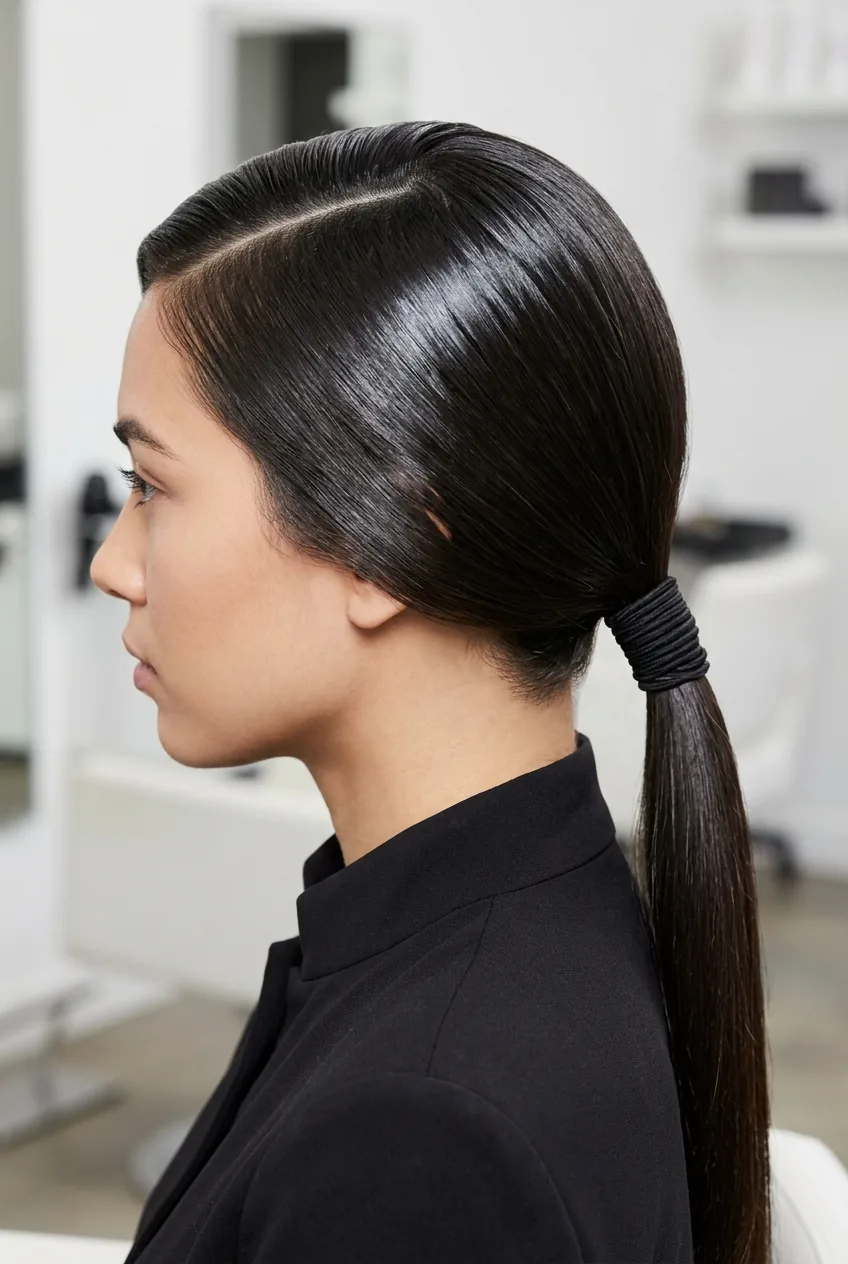 Dramatic side-parted sleek ponytail with sharp 80/20 part and gel application creating shine