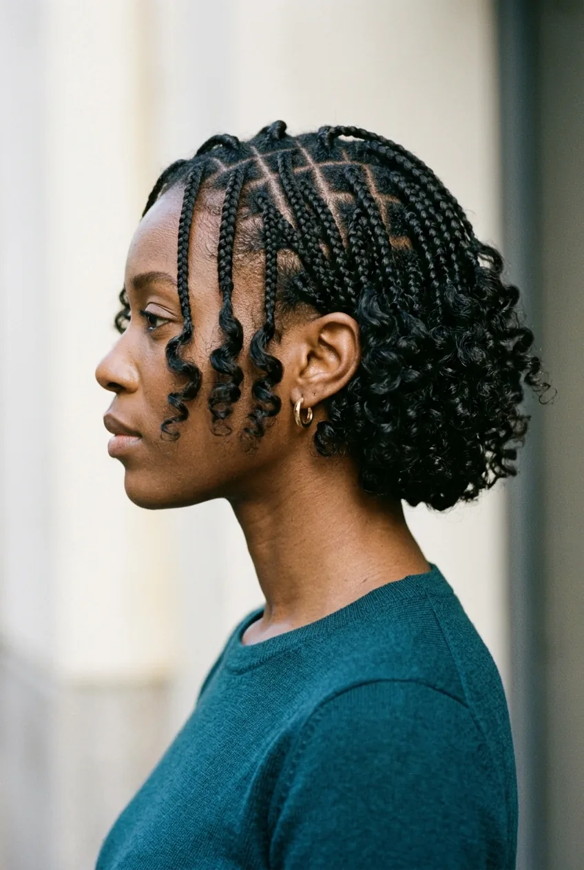 Side profile of woman showing how short braids with curls frame the face naturally