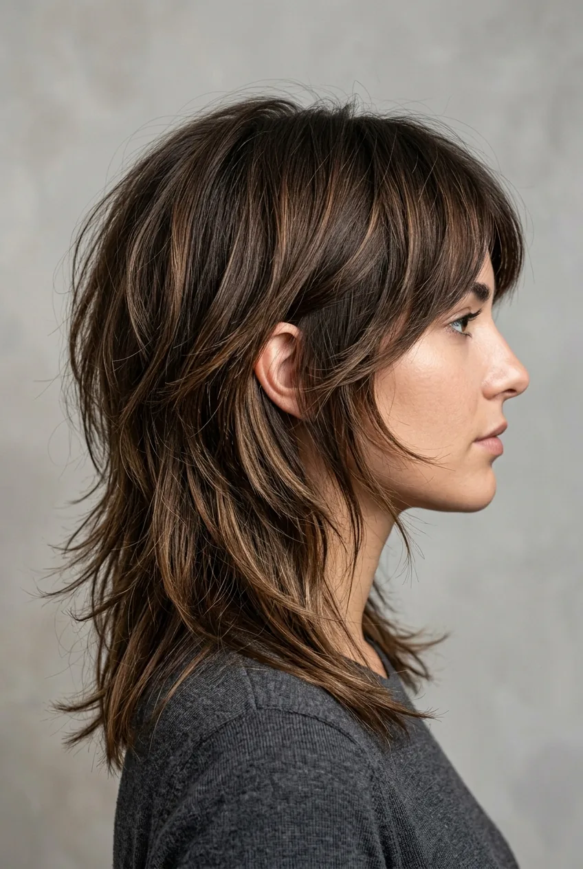 Side profile view of graduated shag layers showing the structured cutting technique