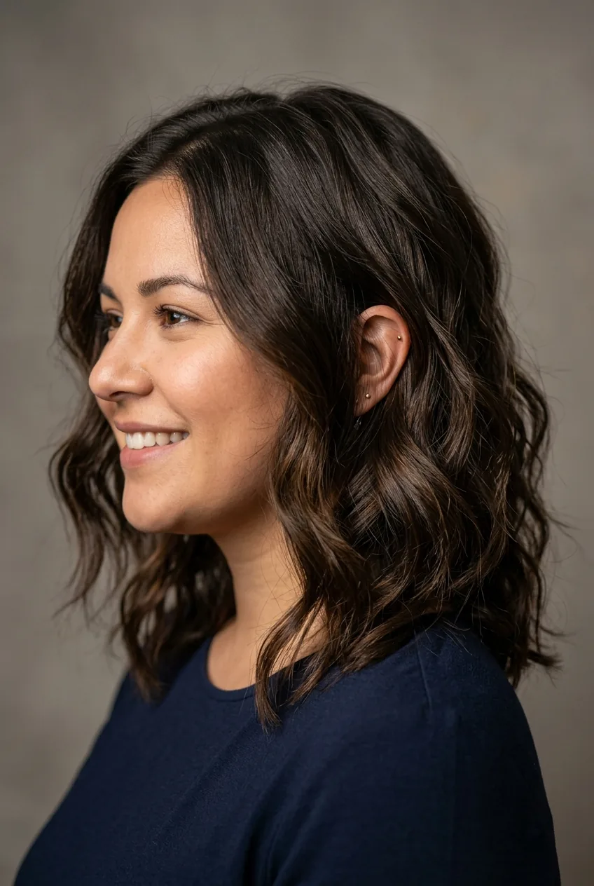 Side profile of woman with round face showing how wavy lob frames jawline with internal layers