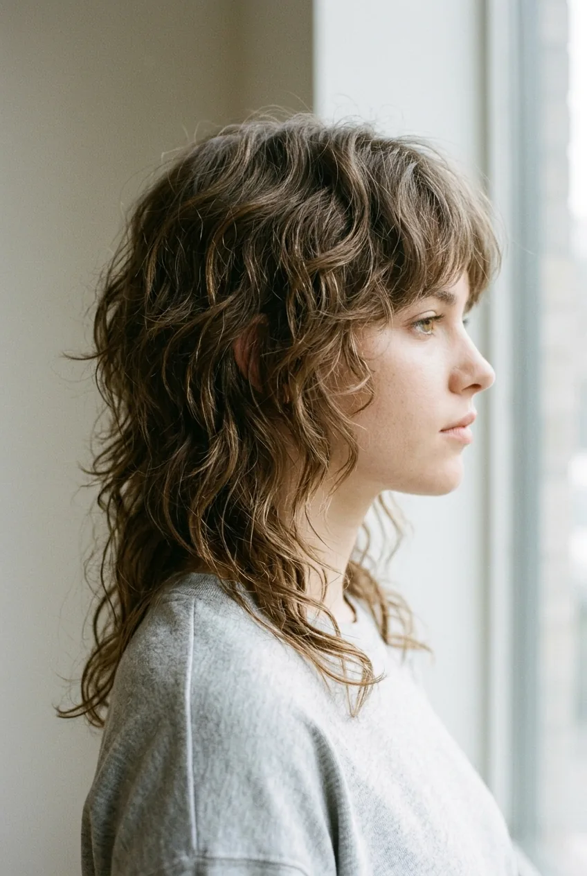 Side profile showcasing wolf cut's signature length variation from short crown to longer back sections
