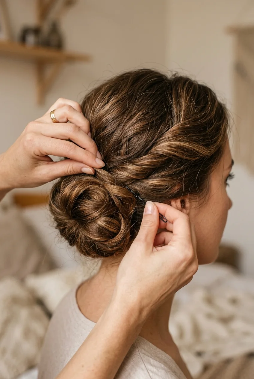 Side view of hands wrapping twisted hair section around bun base creating soft loops