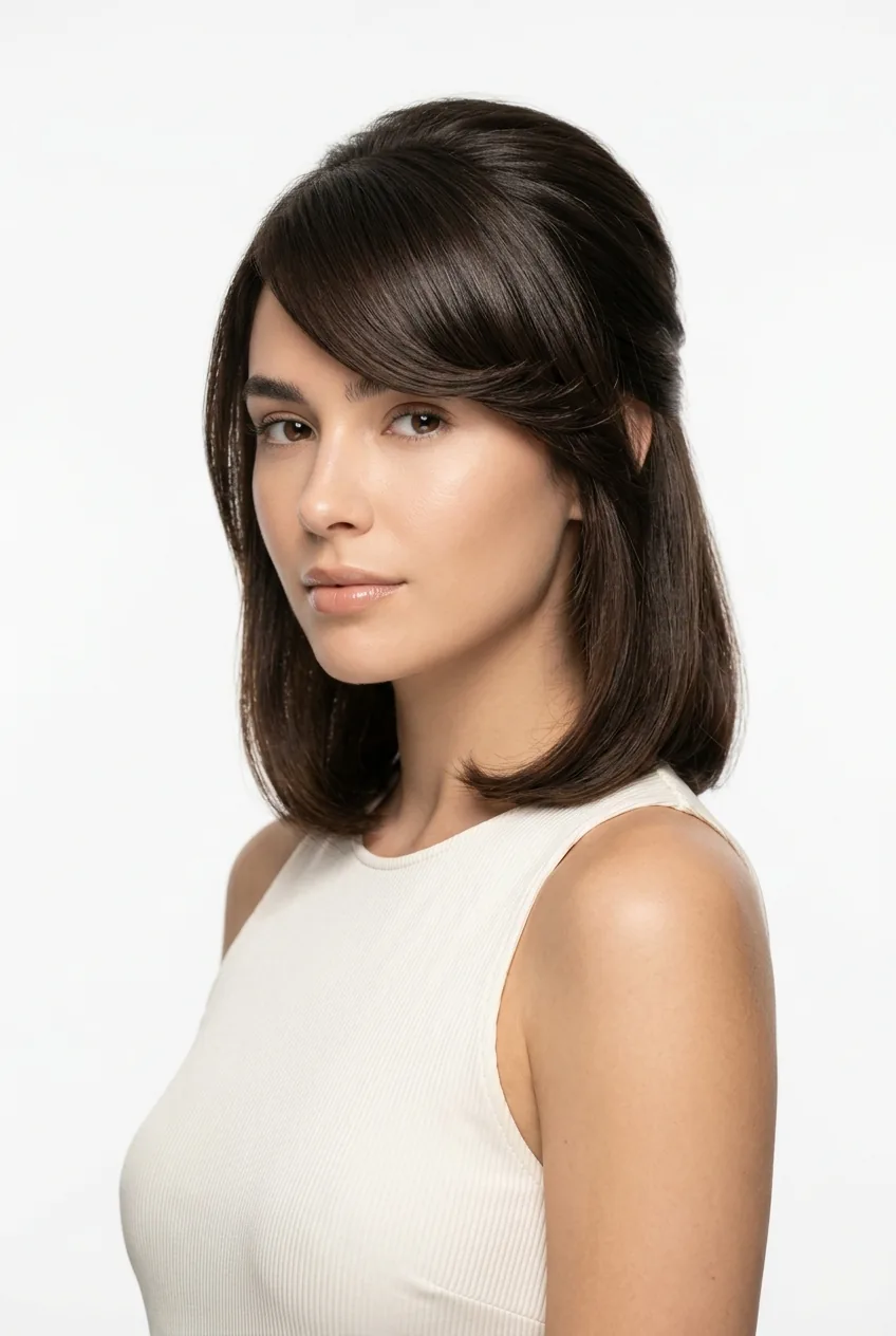 Woman with side-swept bangs showing soft face-framing placement and styling