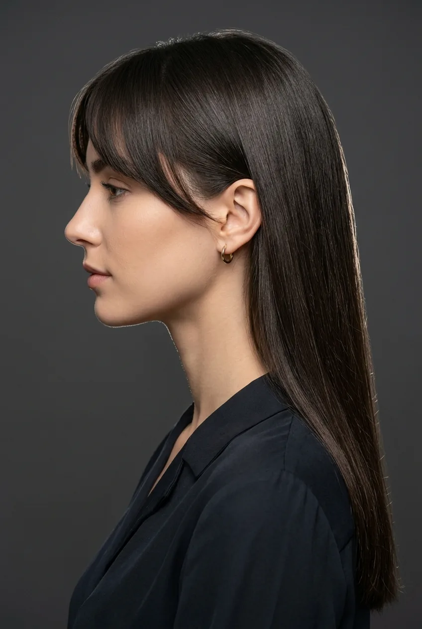 Woman with straight hair featuring side-swept bangs across forehead