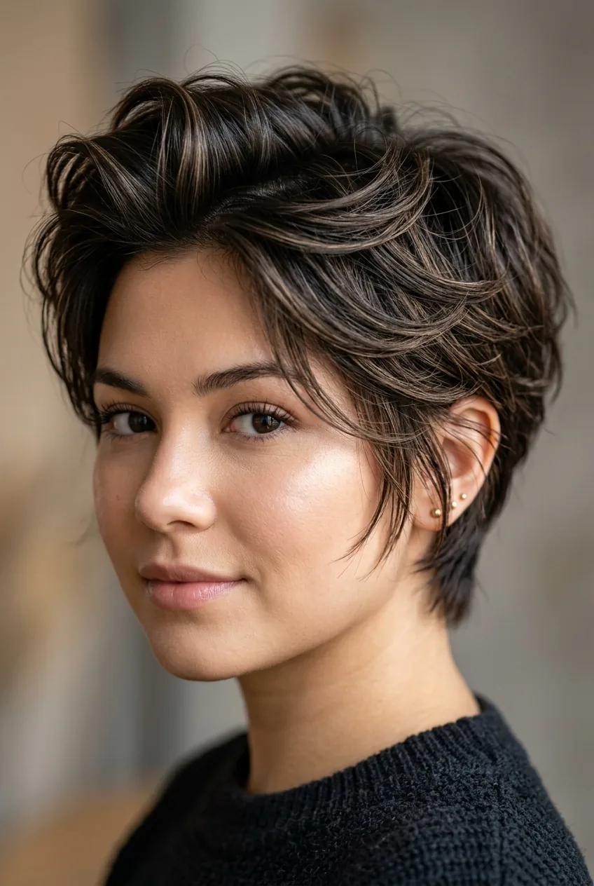 Woman with side-swept boy cut showing natural texture and effortless styling technique