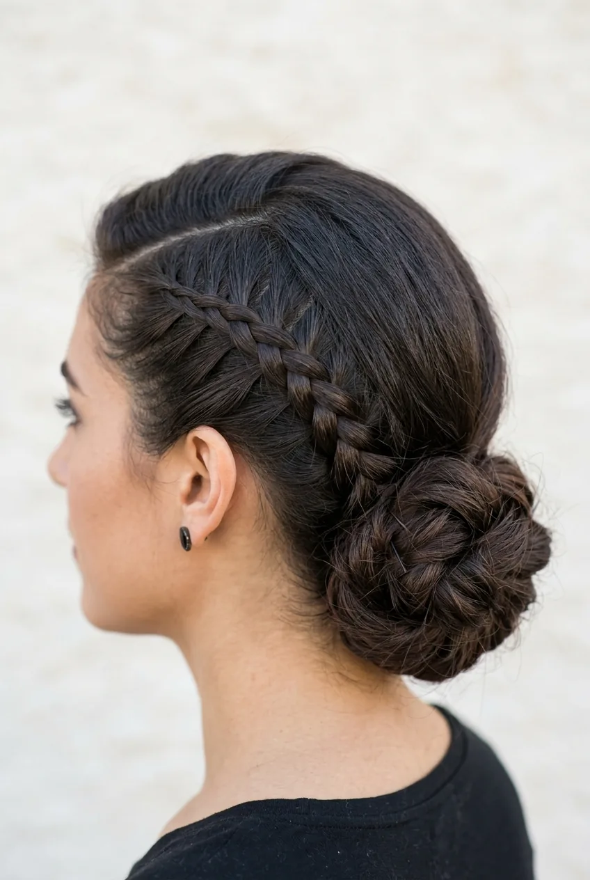 Woman with dramatic side part featuring tight French braid and textured low braided bun