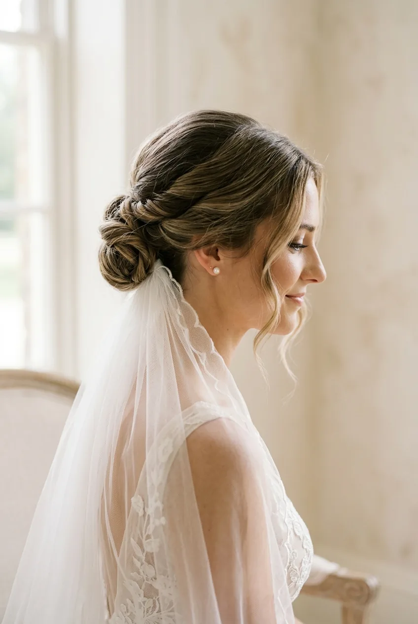 Side profile of bride with fingertip veil integrated into side-swept low bun and loose face-framing pieces