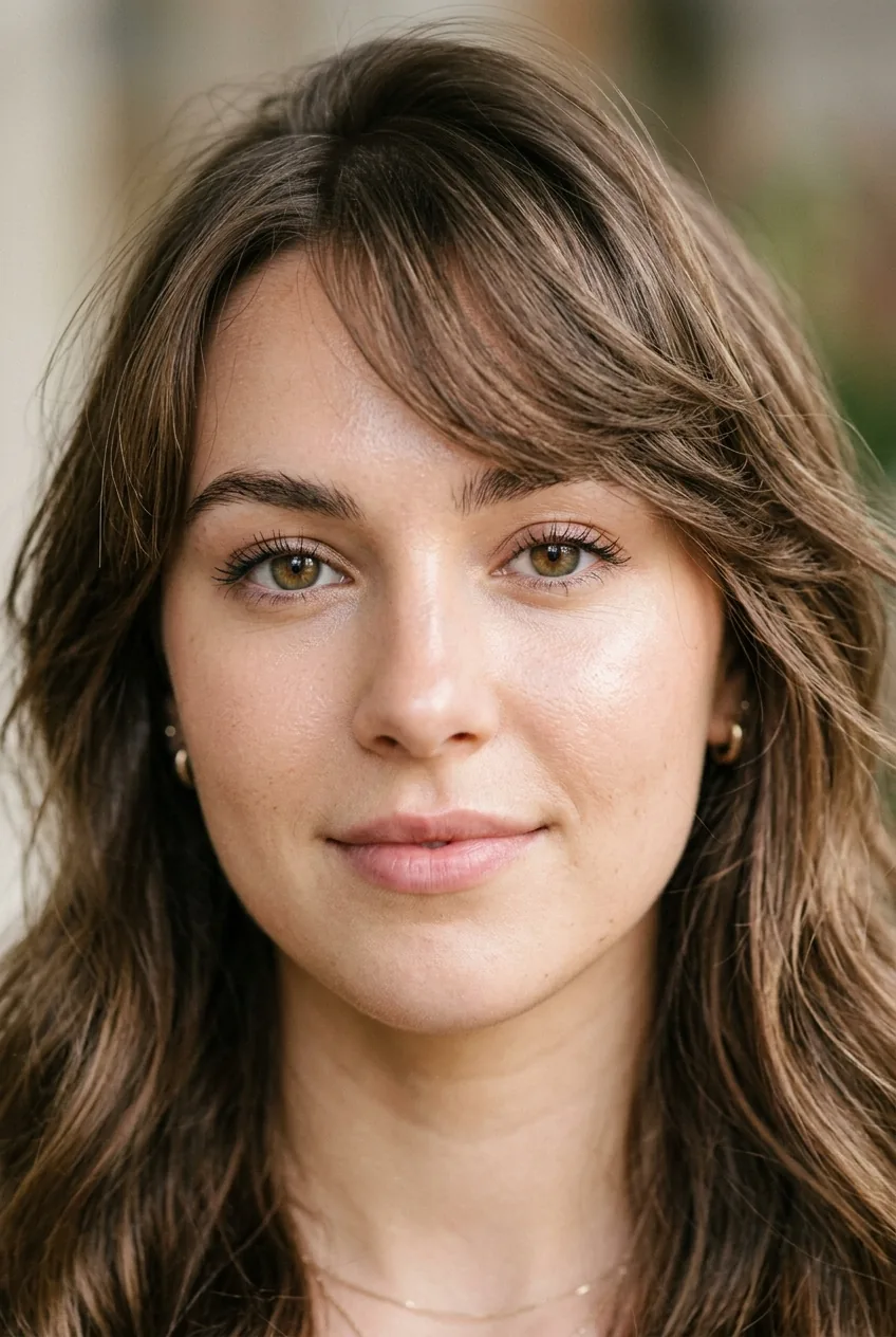 Woman with butterfly bangs swept to side showing face-framing layers