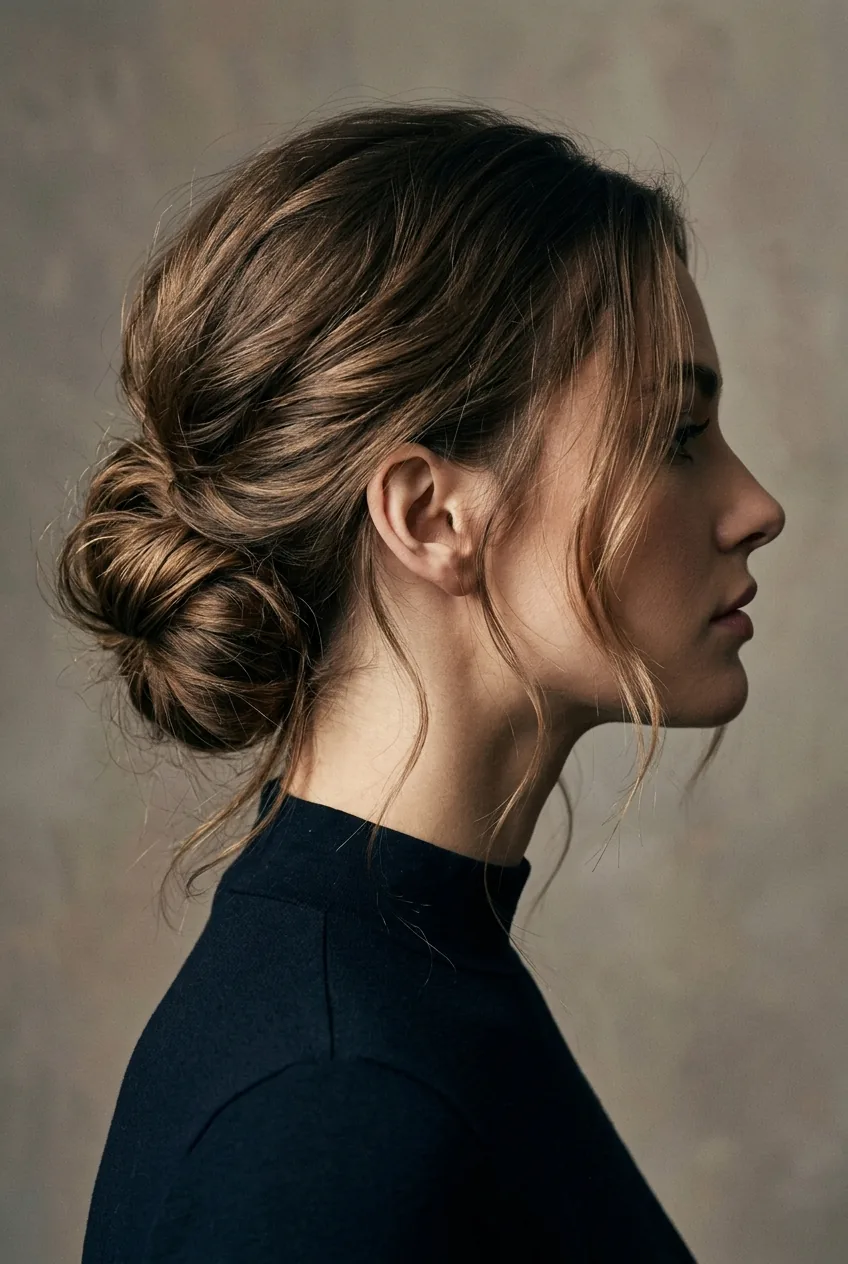 Side-swept chignon updo with intentional loose pieces around face and neck area