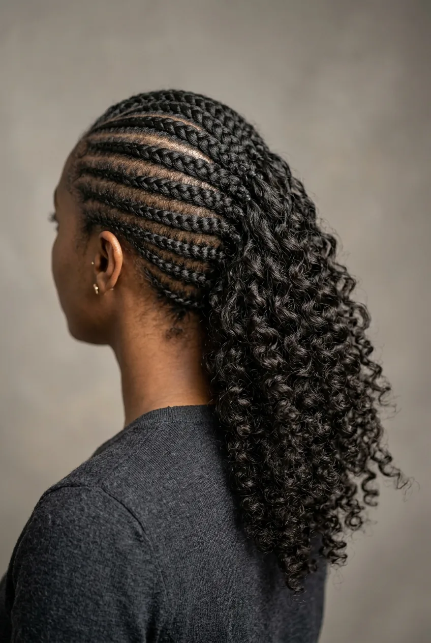 Side-swept cornrows with loose curly ends on medium density natural hair showing movement