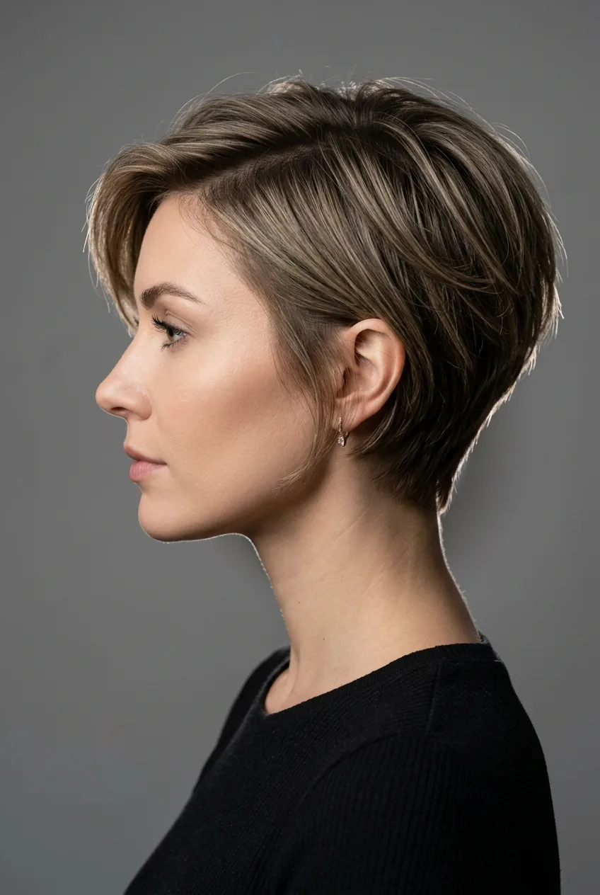Woman with side-swept layered crop cut showing directional layers and angular styling