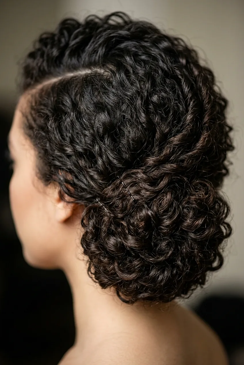 Side-swept low bun with dramatic part showcasing curly texture and asymmetrical styling