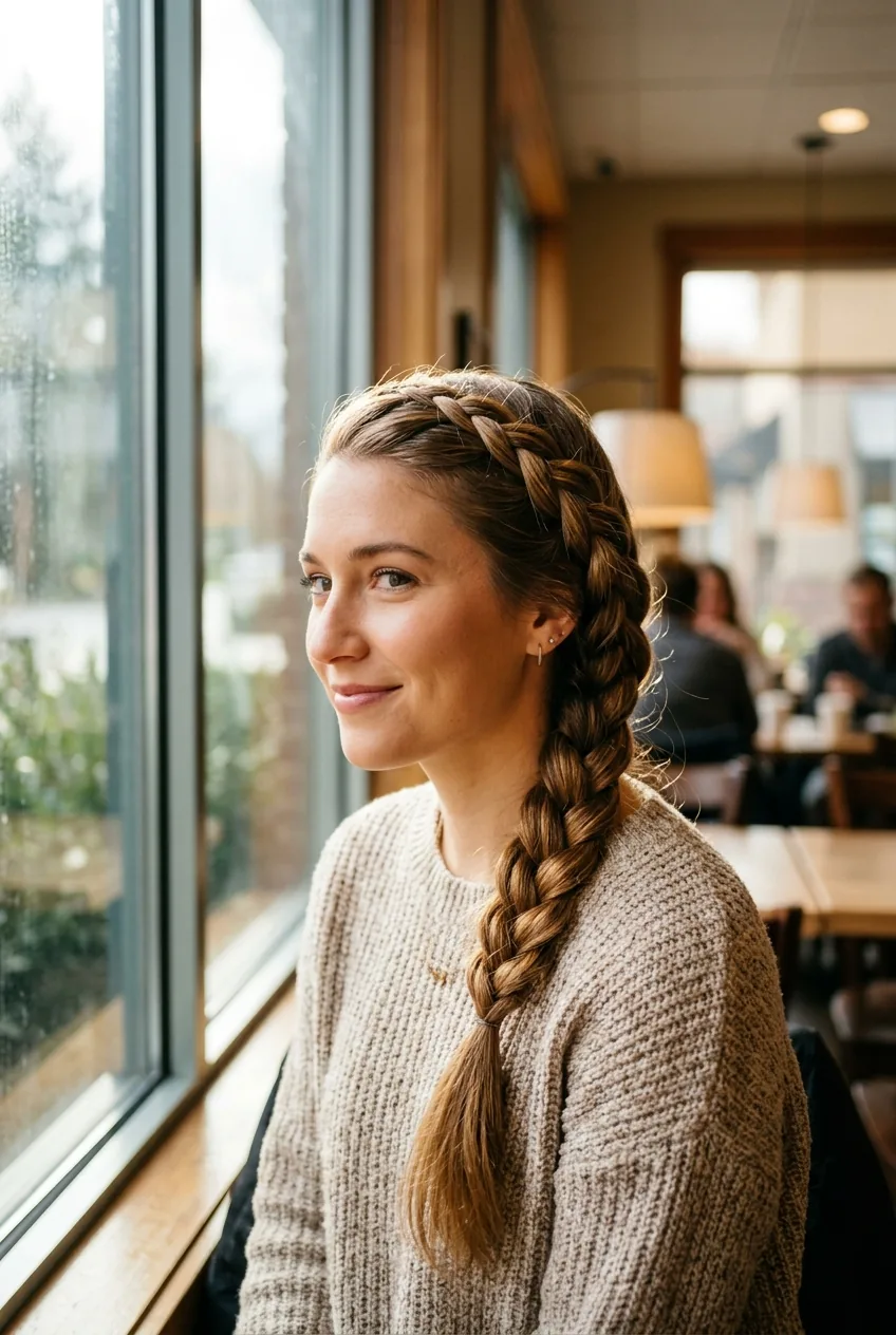 Woman with diagonal side-swept French braid in soft window lighting