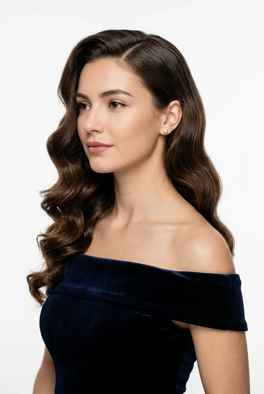 Woman with side-swept Hollywood waves showing vintage glamour styling and deep side part