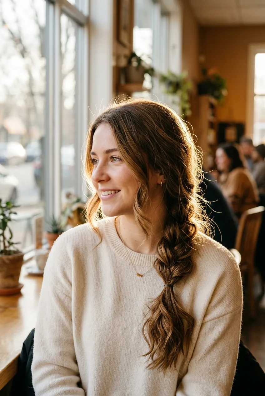 Woman displaying side-swept loose braid with romantic cascade effect over shoulder