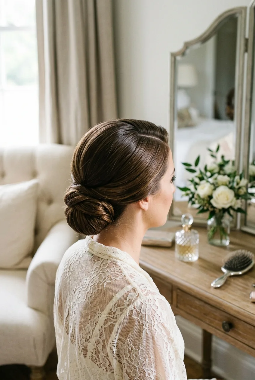 Woman with elegant side-swept low bun showing dramatic part and smooth texture at vanity mirror