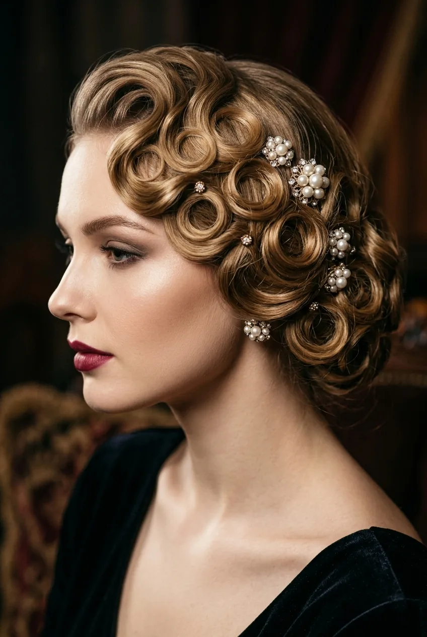 Side profile showing vintage-style pin curls swept to one side with pearl hair accessories