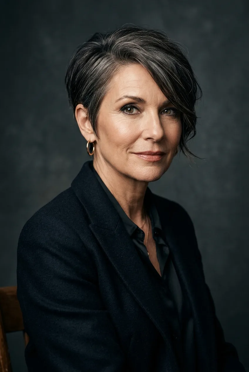 Mature woman with side-swept pixie cut featuring precise angles and longer sweeping front pieces