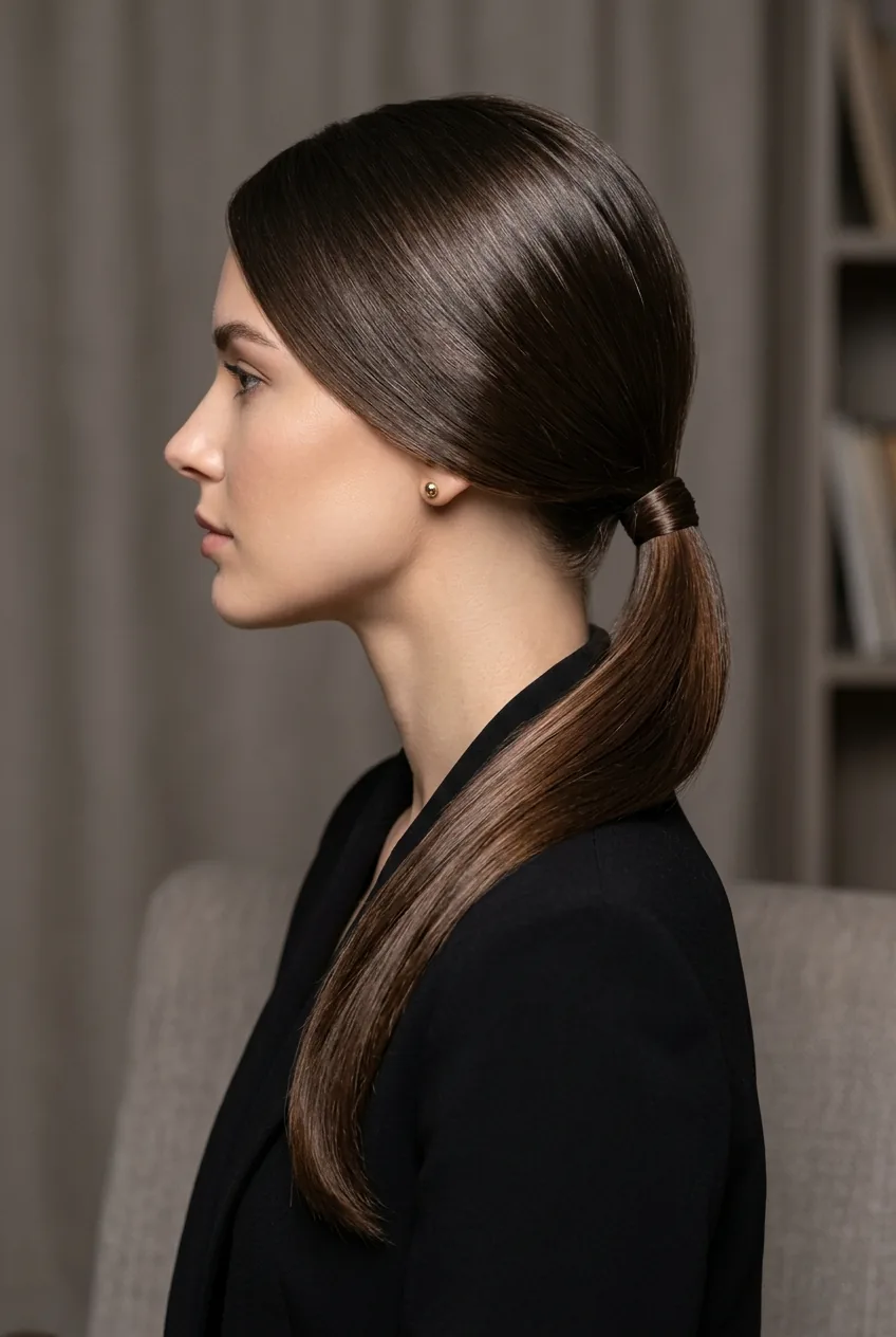 Profile view of side-swept low ponytail with sleek finish and deep part