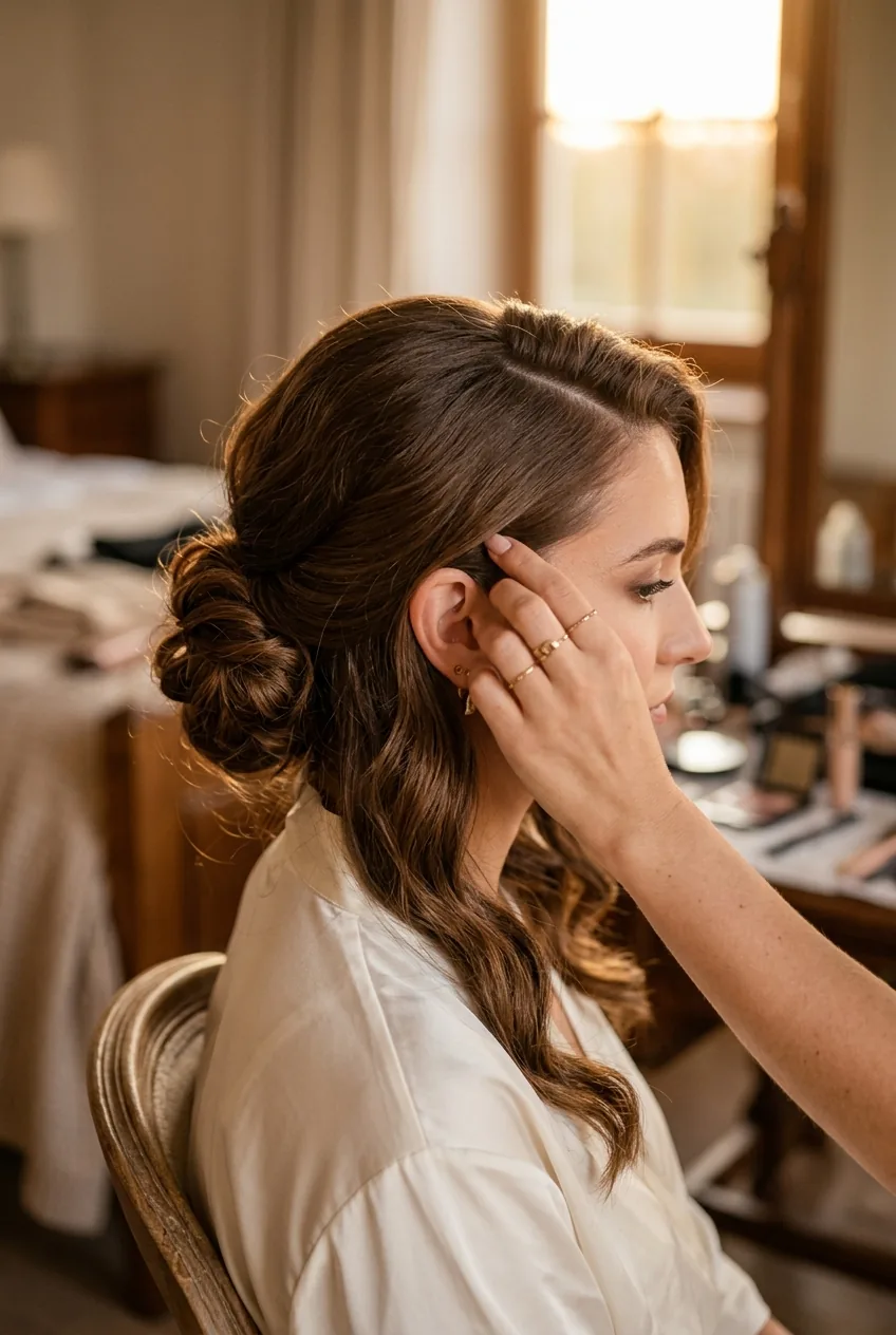 Hair with deep side part being swept into asymmetrical low bun behind ear