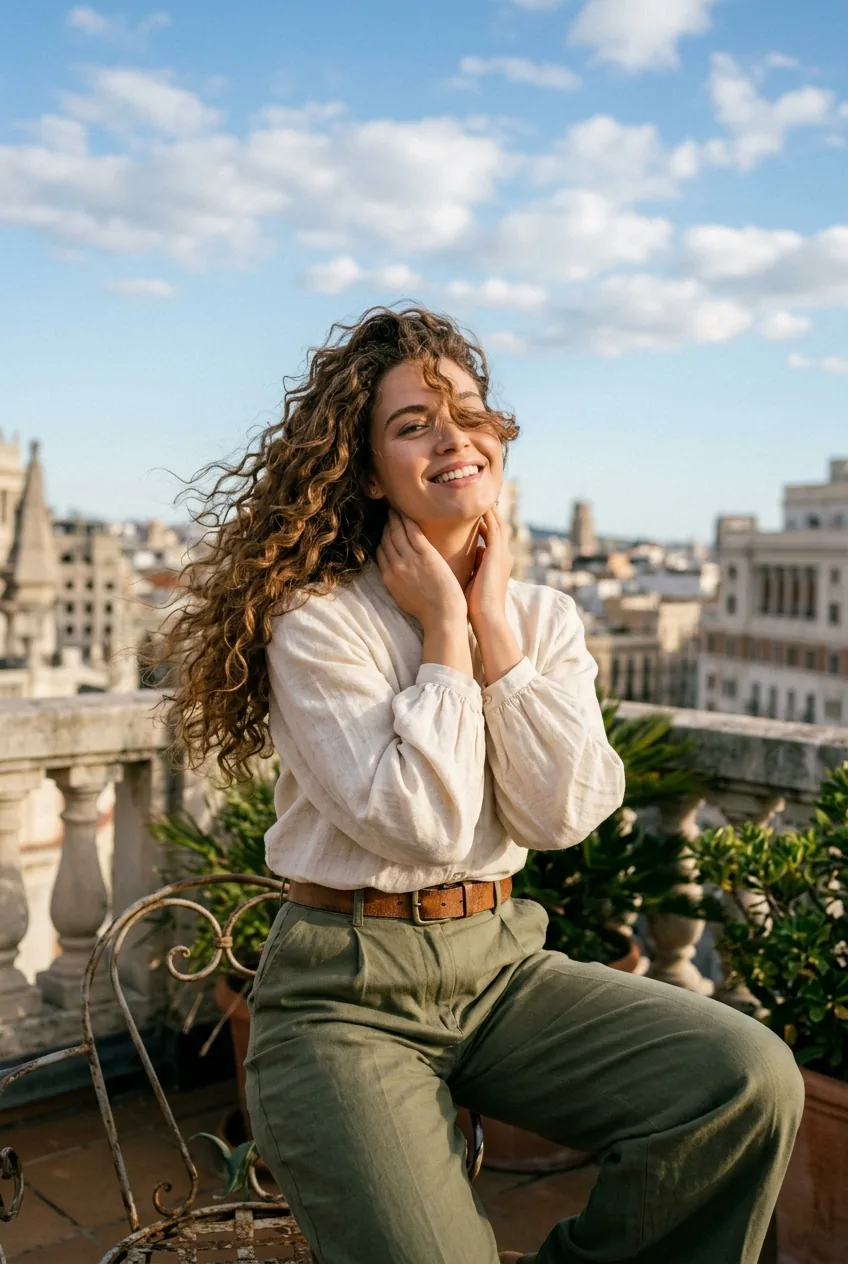 Woman with side-swept romantic curls moving in the wind on rooftop setting