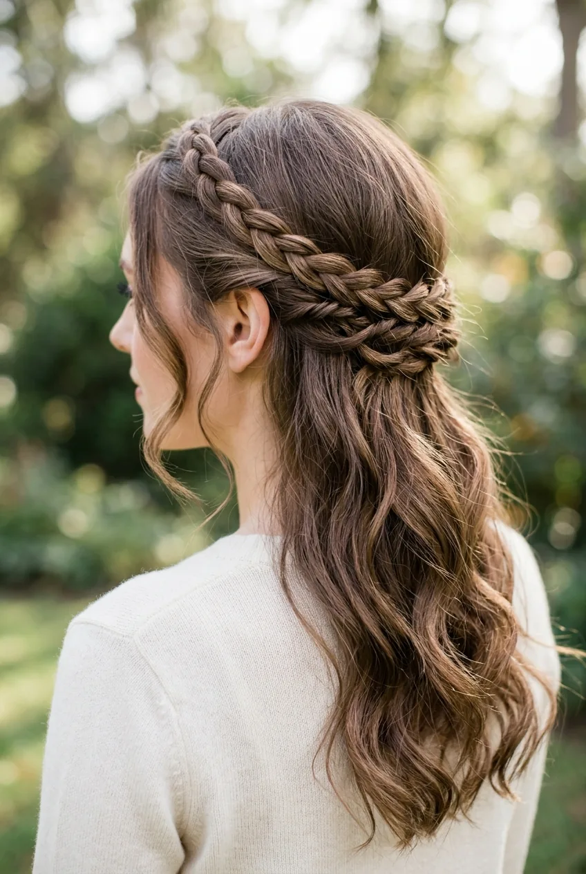 Side-swept rope braid half up style with asymmetrical twisted braid and romantic flowing waves