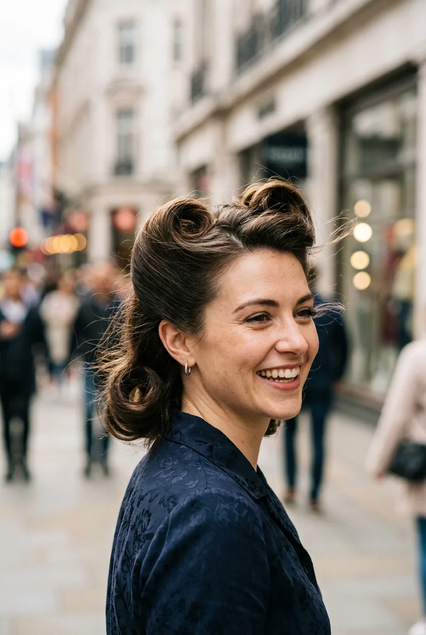 Woman with side-swept victory rolls in soft old Hollywood glamour style