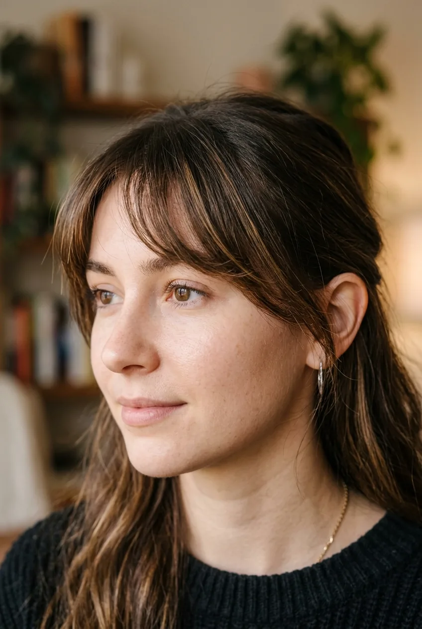 Side-swept wispy bangs flowing to one side with soft textured ends