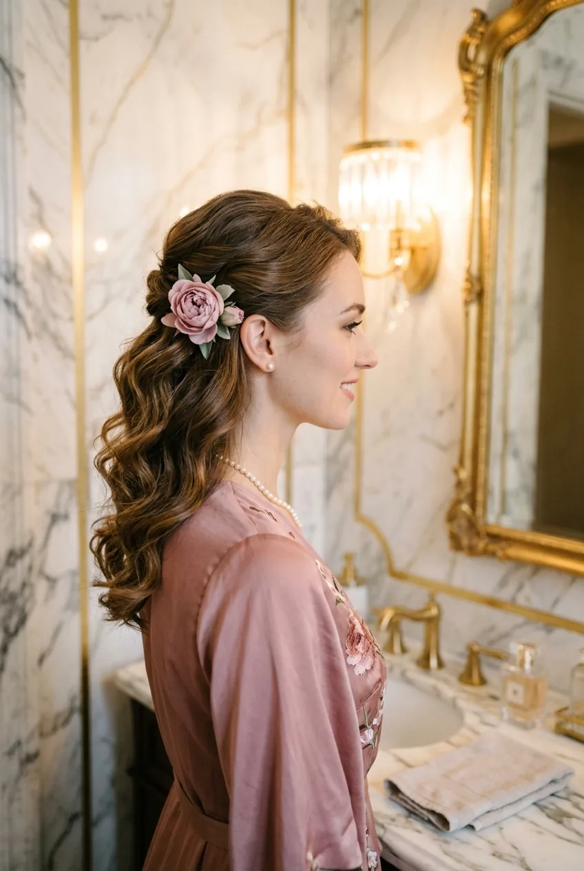 Side profile of woman with small dusty rose silk flower behind ear, soft waves in elegant bathroom