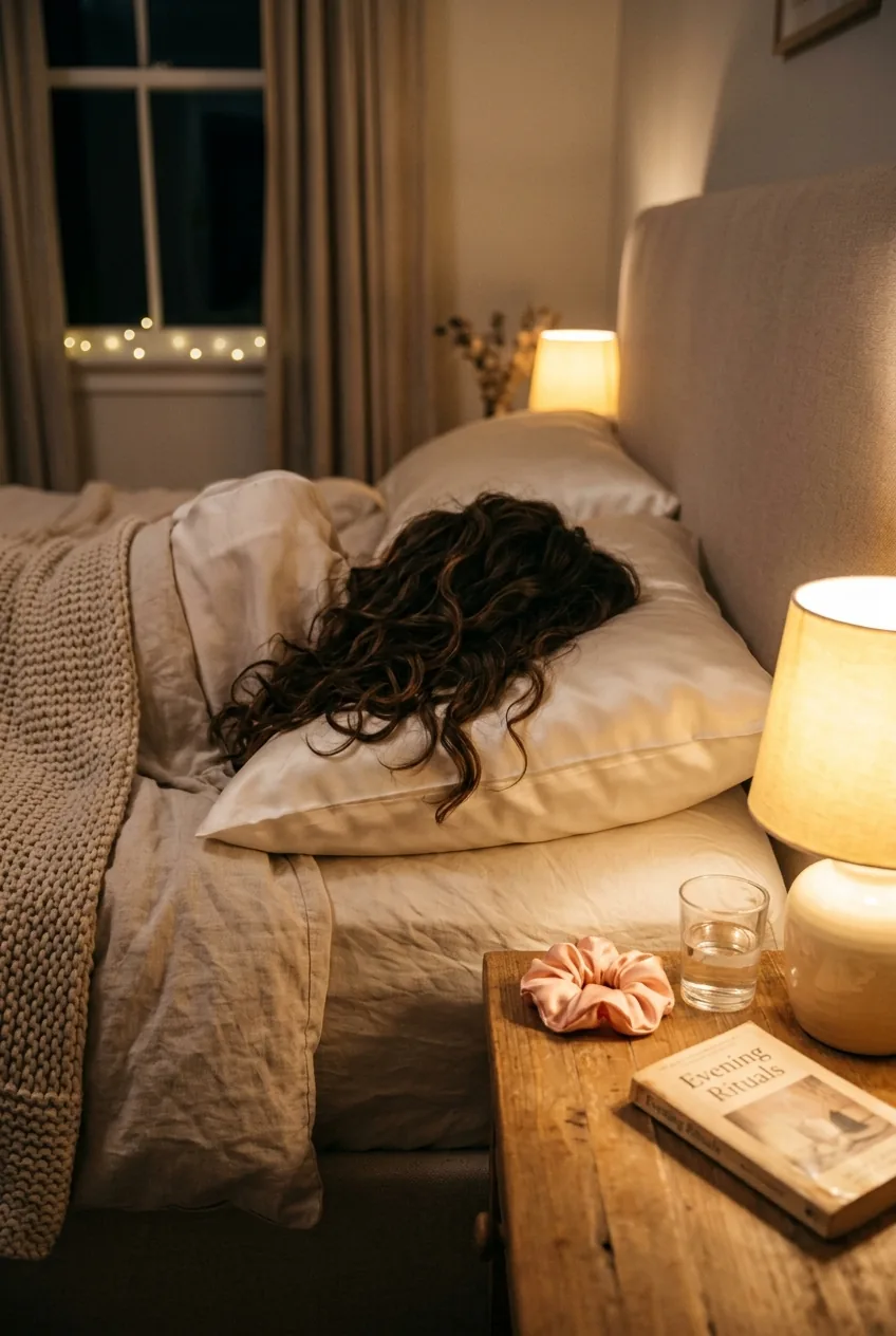 Wavy hair loosely gathered on silk pillowcase with scrunchie for overnight protection