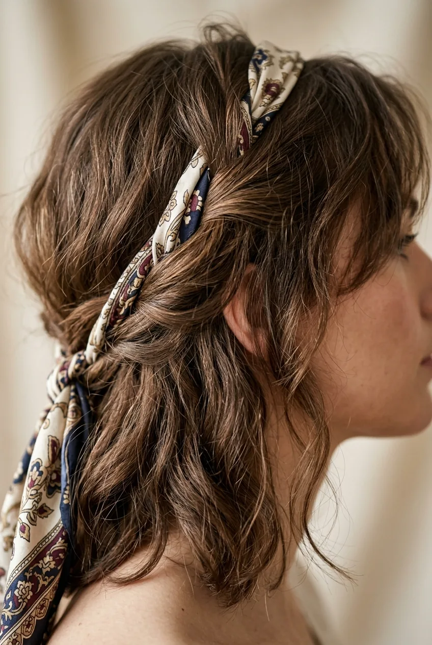 Medium hair with silk scarf woven through creating effortless French girl styling