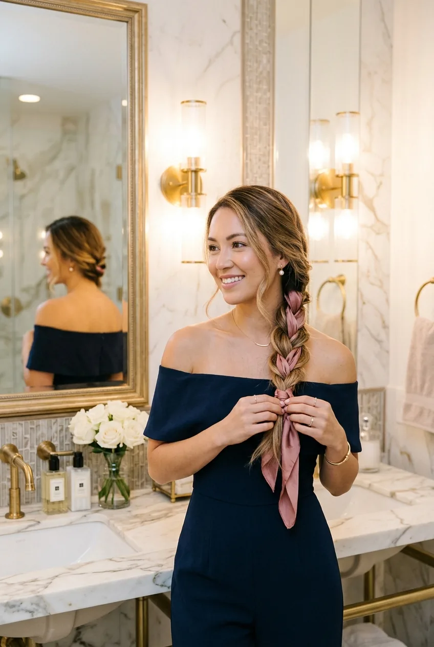 Woman with silk hair scarf woven through side braid showing wedding guest accessory styling