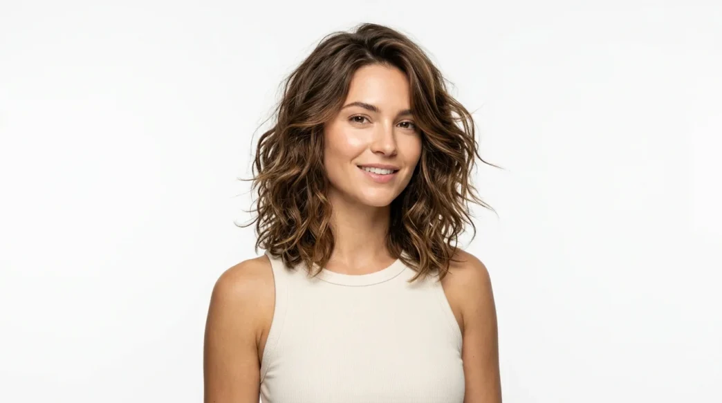 Woman showcasing multiple simple hairstyle textures from sleek to textured against white backdrop
