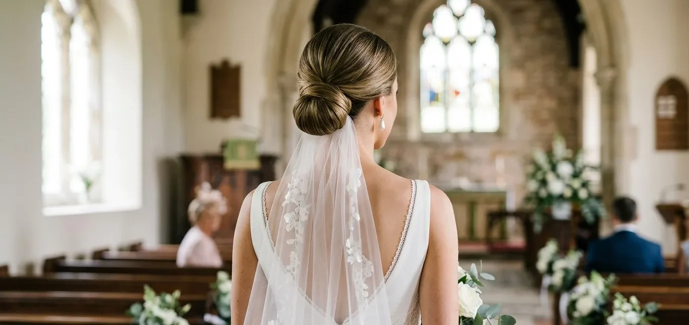 Bride with simple low chignon wedding hairstyle showing clean elegant neckline and pearl earrings