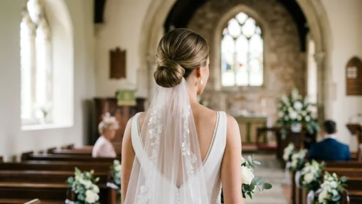 Bride with simple low chignon wedding hairstyle showing clean elegant neckline and pearl earrings
