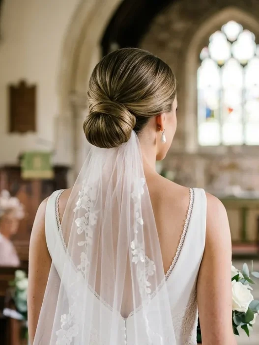 Bride with simple low chignon wedding hairstyle showing clean elegant neckline and pearl earrings