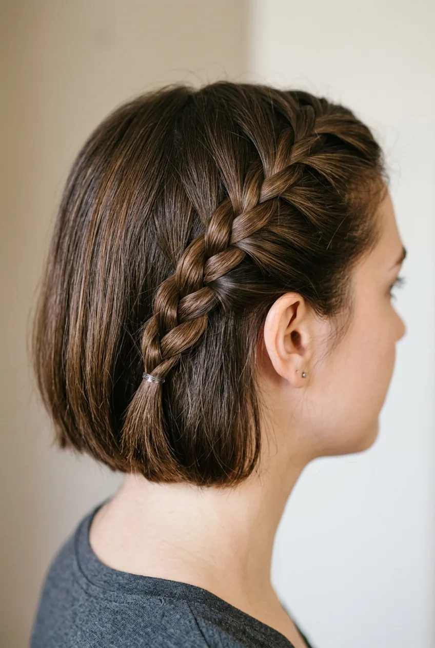 Woman with simple three-strand side braid on short bob haircut showing clean braiding technique